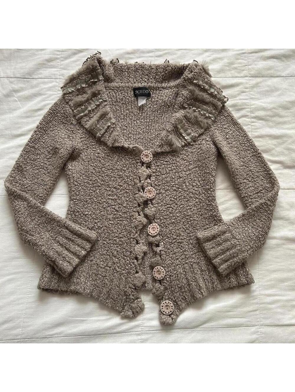 Vintage Brown fuzzy cardigan with fur details and chunky buttons